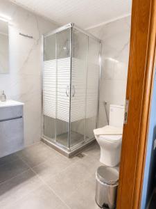 a bathroom with a glass shower and a toilet at 4Seasons Sfakia in Hora Sfakion