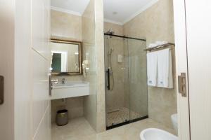 a bathroom with a shower and a sink and a toilet at Hotel Britania in Tirana +81 photos