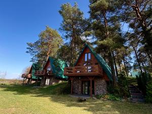 a log house with a green roof on a field at Przystań Kownatki in Kozłowo