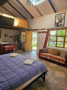 a bedroom with a large blue bed and a couch at Apu Ecolodge in Caraz