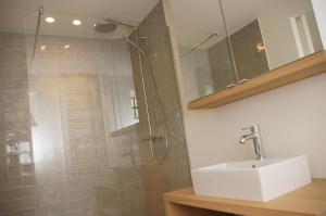 a bathroom with a sink and a shower at Vakantiewoning Hof ter Heidje in Maarkedal