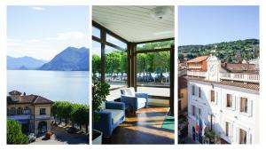 three pictures of a house with a view of the water at Hotel Italie et Suisse in Stresa