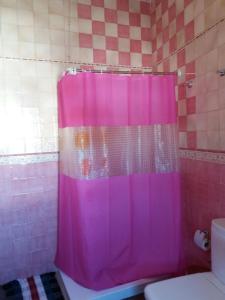 a pink shower curtain in a bathroom with a toilet at Virgen De Los Remedios in Arroyomolinos de León