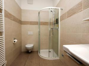 a bathroom with a shower and a toilet and a sink at Guesthouse Rajski okusi Sveta Gora in Solkan