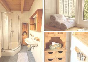 two pictures of a bathroom with a shower and a sink at Stefflhof in Gabersdorf