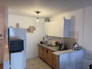 a kitchen with a white refrigerator and wooden cabinets at La Parenthèse Mézoise – Port plage à pied in Mèze