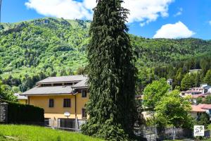 a large tree in front of a house with mountains in the background at Appartamenti La Menaresta quiet & relax near Bellagio in Magreglio