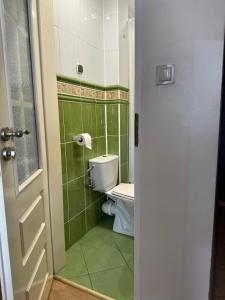 a bathroom with a toilet and green tiled walls at Zacisze Zbiczno in Zbiczno