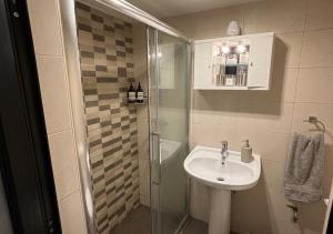 a bathroom with a sink and a shower at Tac-Coghki Maisonette in Rabat