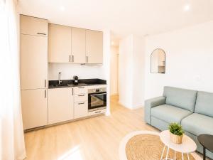 a kitchen and living room with a couch and a table at M114 Magnifique T2 aux portes de la douane de Moillesulaz in Gaillard