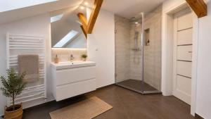 a bathroom with a sink and a shower at YFB I 130m2 Designwohnung mit 2 Bädern in Gera +48 photos