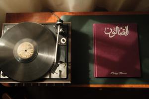een vinylplaat in een doos naast een boek bij Hotel DEDE in Augsburg