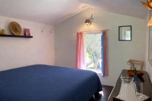 a bedroom with a blue bed and a window at La chambre du Mazet in Fayence +7 photos