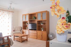 a living room with a tv and a vase with flowers at Villa BelaVista with Private Pool in Ferragudo