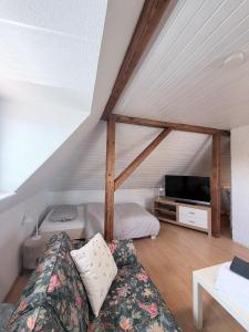 a living room with a couch and a tv at Top-floor apartment for up to 3 guests in Dreieich +8 photos
