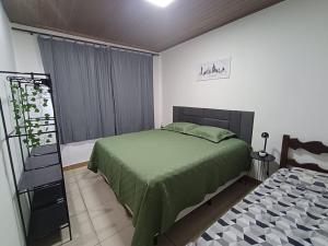 a bedroom with a green bed and a window at Casa no centro de Brumadinho in Brumadinho