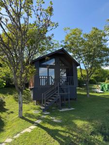 a blue tiny house in a park with trees at Mtskheta Chalet in Mtskheta