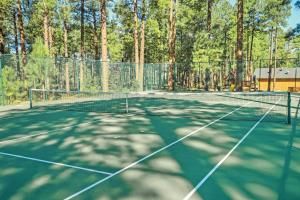 a tennis court with a net and trees in the background at Pinetop Resort 1BR Apartment in Pinetop-Lakeside