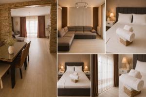 a collage of four pictures of a hotel room at Adori Apartment in Eforie Nord