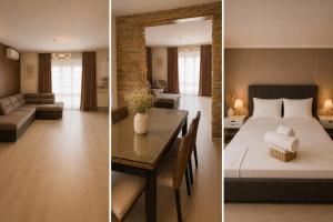 two pictures of a bedroom and a living room at Adori Apartment in Eforie Nord