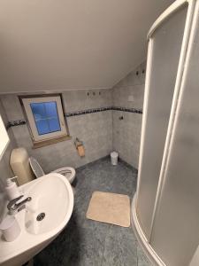 a bathroom with a sink and a shower and a toilet at Apartmani Gržeta in Vir +10 photos