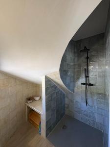 a bathroom with a shower with blue tiles at Camino Real in Jerte