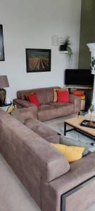 a living room with a brown couch and a table at La Tour D'Elaine in Essertenne