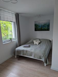 a bedroom with a bed and a window at Apartament Las in Żagań
