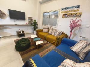 a living room with a couch and a tv at Front beach cosy apartment in La Goulette