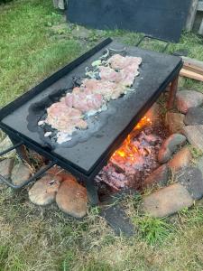 a grill with a bunch of food on it at Chata u řeky Svatavy in Josefov