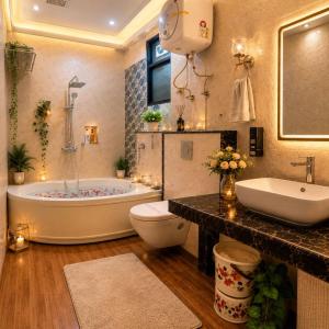 a bathroom with a tub and a toilet and a sink at Hotel Bellwood Near IGI International Delhi Airport in New Delhi +16 photos