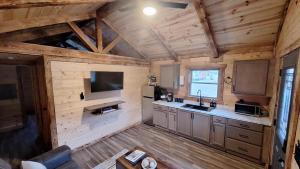 a kitchen in a log cabin with a sink and a tv at Micham's Clark Fork River Retreat - River Front, Mountain View, Fire Pit - Cabin 1 in Superior