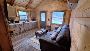 a living room with a couch in a log cabin at Micham's Clark Fork River Retreat - River Front, Mountain View, Fire Pit - Cabin 1 in Superior