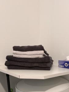 a pile of towels sitting on top of a shelf at Studio les Écuries de la forêt 2 in Le Buisson Genois +24 photos