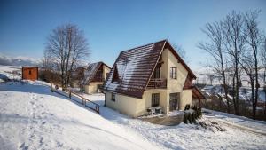 a house on a snow covered hill with trees at Trnovec Apartman in Liptovský Trnovec