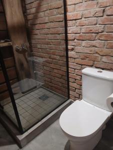 a bathroom with a toilet and a brick wall at Arakaoja Puhkemaja in Nepste +9 photos
