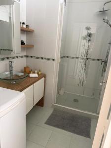 a white bathroom with a shower and a sink at Studio lumineux avec balcon à Nice in Nice