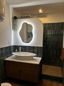 a bathroom with a sink and a mirror at Studio chic et confortable in Lorgues