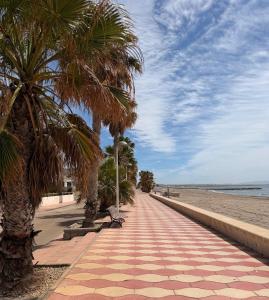 a sidewalk with palm trees on the beach at Costacabana Sea Apartment in Almería