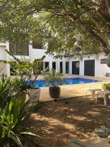 a courtyard with a swimming pool with a table and benches at Savannah Pousada in São Paulo