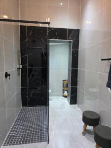 a bathroom with a shower with a glass door at 5Res Stay in Queenstown