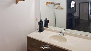 a bathroom with a sink and a mirror at Modern in the Mountains Free Shuttle to SDC in Branson