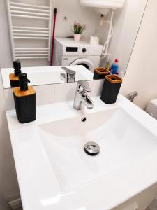 a bathroom with a white sink and a washing machine at Le Duplex Thionville centre Gare à pied in Thionville