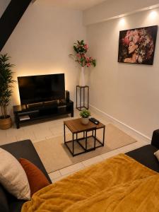 a living room with a couch and a television at Le Duplex Thionville centre Gare à pied in Thionville