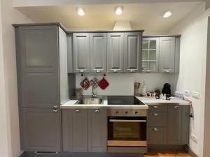 a kitchen with gray cabinets and a sink at Maison 24 in Tuscania +3 photos