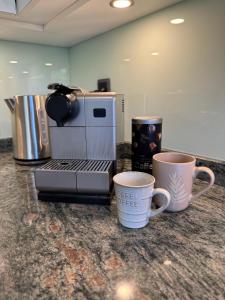 two coffee cups sitting on a counter next to a coffee maker at inHome Vista Murten in Murten +27 photos