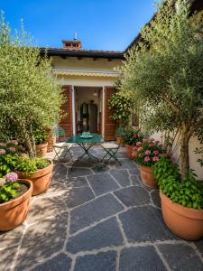 a patio with potted plants and a table at Lake View Palm Garden in Lugano