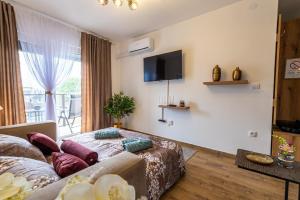 a living room with a couch and a tv at Apartman Srebrni Horizont in Veliko Gradište