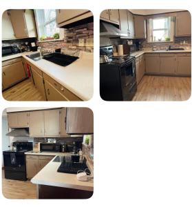 two pictures of a kitchen with white cabinets and black appliances at Serendipity Corner Guesthouse in Wilkes-Barre