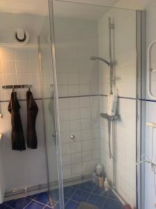 a shower with a glass door in a bathroom at Mosters hus in Gansbyn